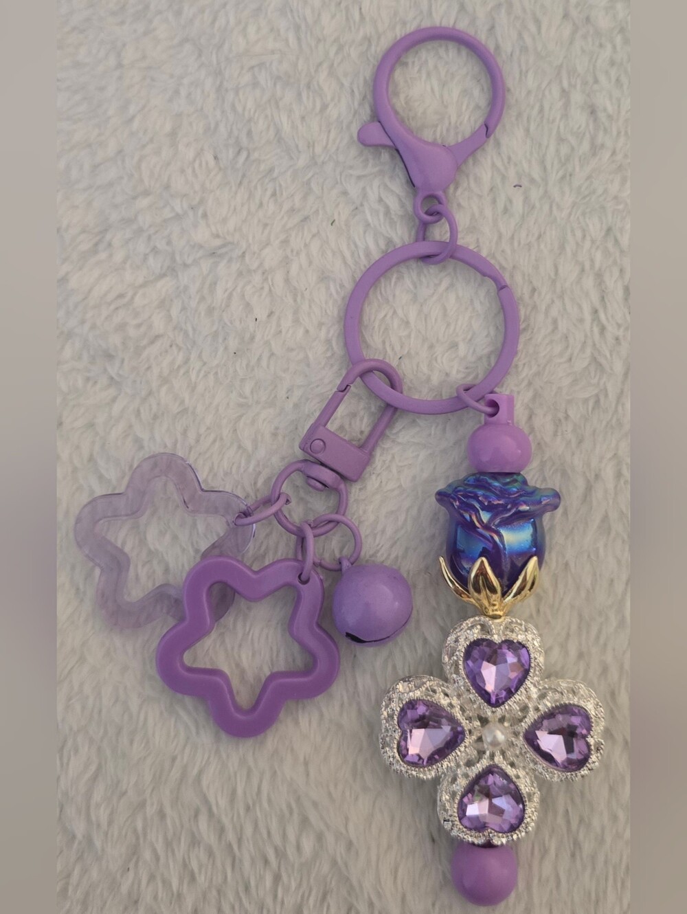 Purple Beaded Keychain/Bag Charm - Metal Clover